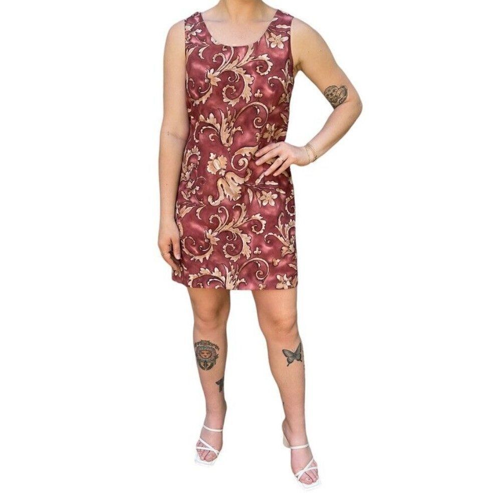 Vintage 1990s Womens Red Gold Swirl Abstract Scoop Neck Mini Dress Sz M